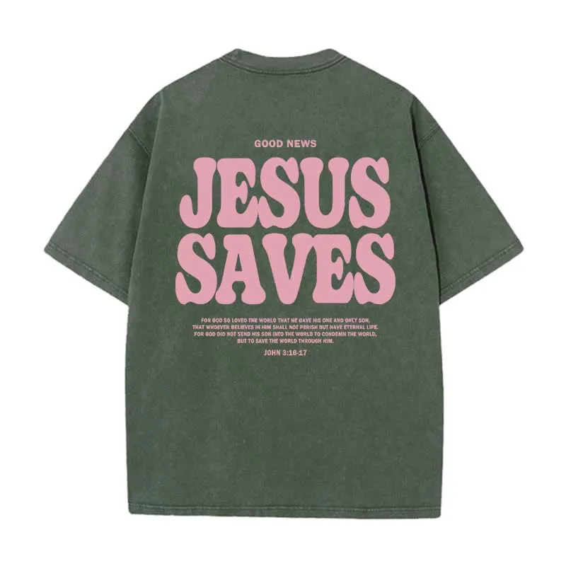 Christianartworkshop Jesus Saves Unisex Washed T-Shirt sold by Christian Art Workshop