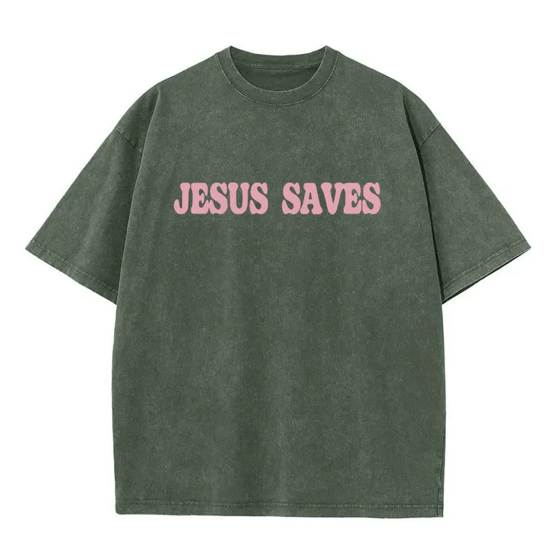 Christianartworkshop Jesus Saves Unisex Washed T-Shirt sold by Christian Art Workshop product image thumbnail 2
