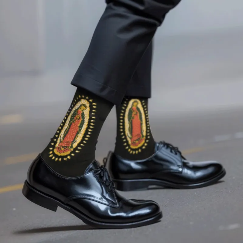 Christianartworkshop Black Virgin of Guadalupe Religious Unisex Crew Socks: Retro Design, Exclusive Faith Flair sold by Christian Art Workshop