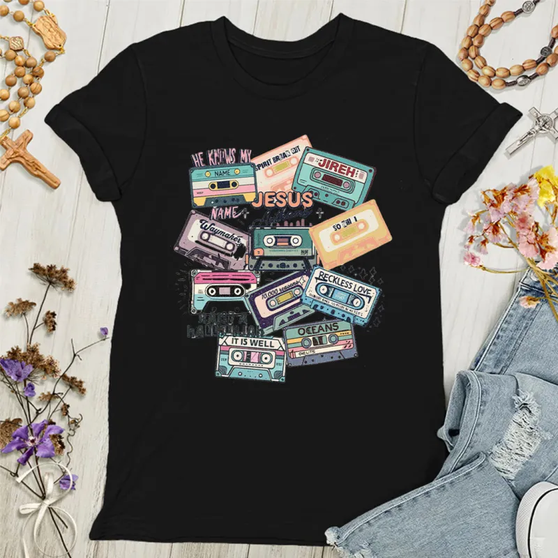 Christianartworkshop Jesus Anthems with Colorful Cassettes Soft Christian Women's T-shirt sold by Christian Art Workshop