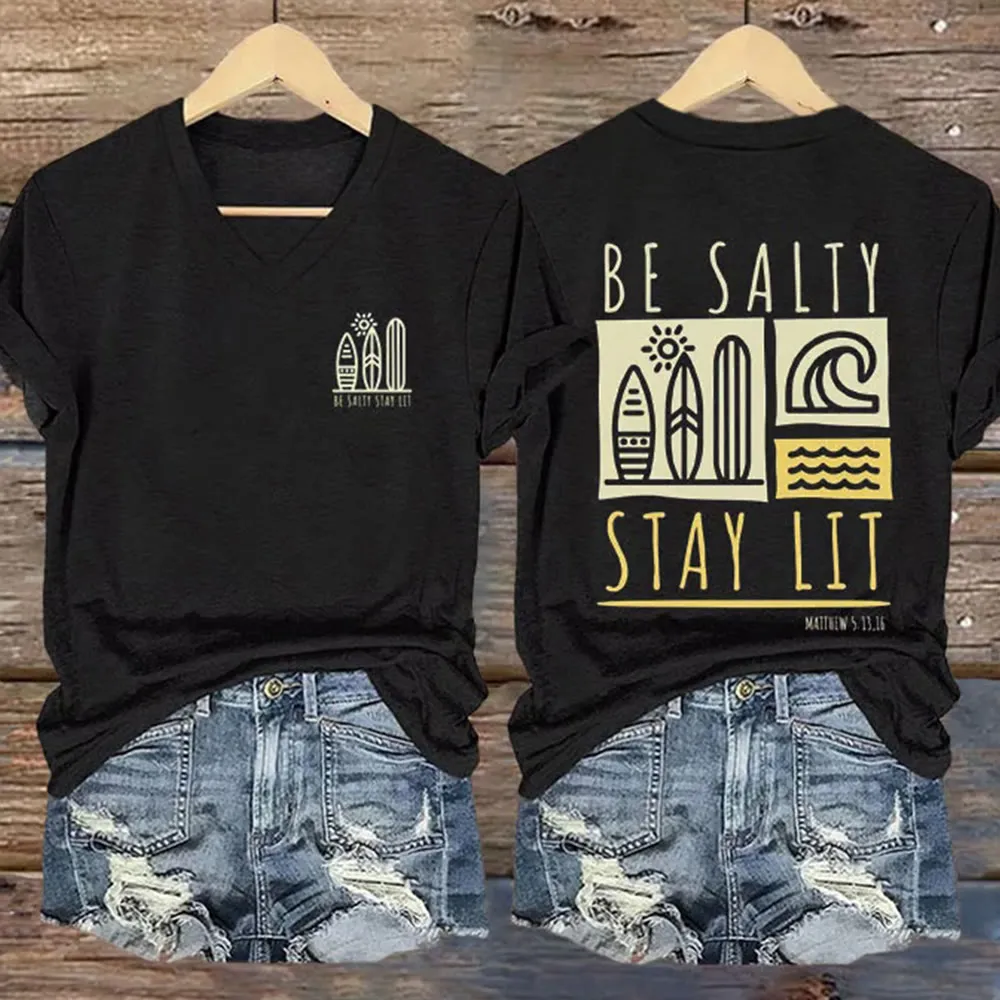 Christianartworkshop Women's Be Salty Stay Lit Printed Casual V-neck T-shirt sold by Christian Art Workshop product image thumbnail 3