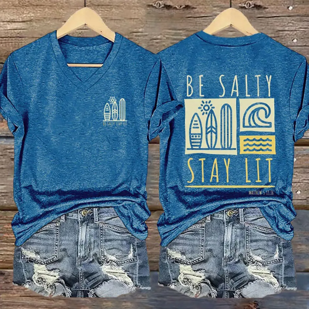 Christianartworkshop Women's Be Salty Stay Lit Printed Casual V-neck T-shirt sold by Christian Art Workshop product image thumbnail 4