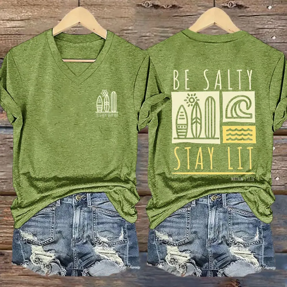 Christianartworkshop Women's Be Salty Stay Lit Printed Casual V-neck T-shirt sold by Christian Art Workshop product image thumbnail 5