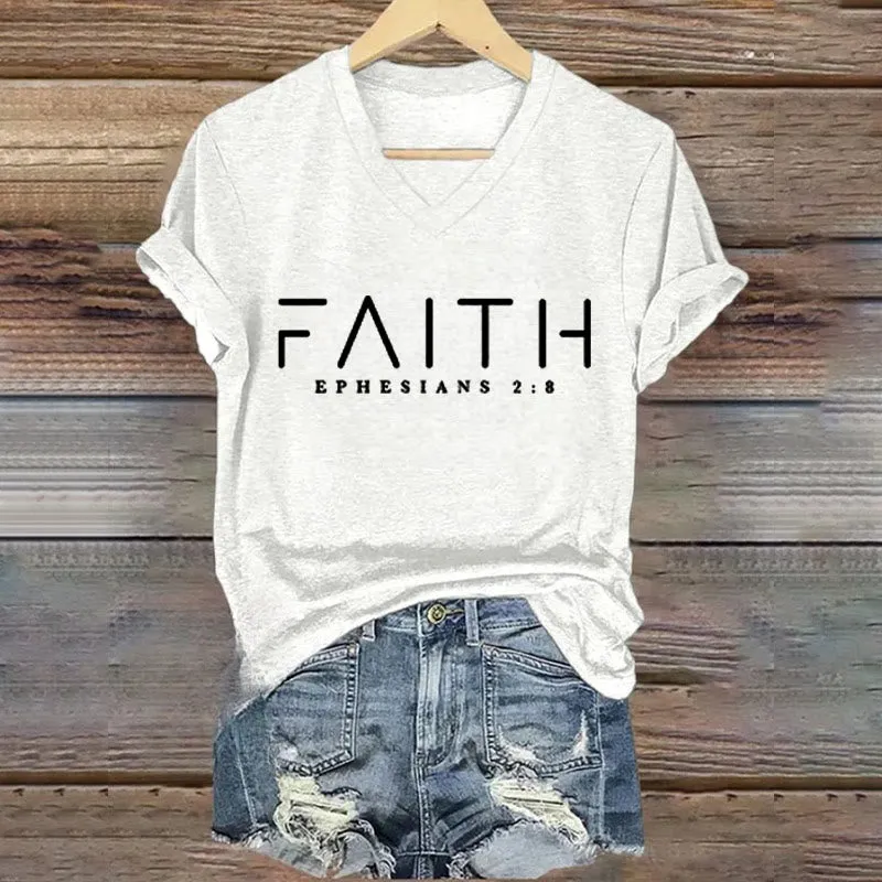 Christianartworkshop Women's Faith Printed Casual V-Neck T-shirt sold by Christian Art Workshop