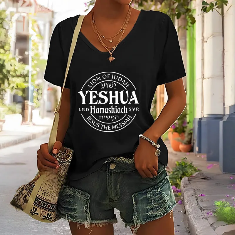 Christianartworkshop Women'S Lion Of Judah Yeshua Printed Casual V-Neck T-shirt sold by Christian Art Workshop product image thumbnail 2