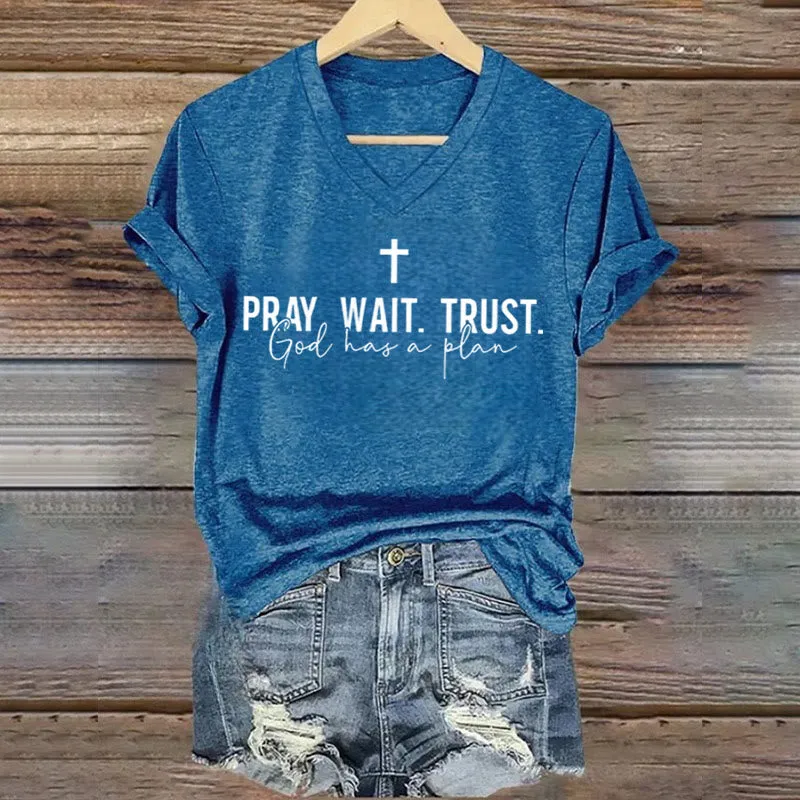 Christianartworkshop Women's Pray Wait Trust God Has a Plan V-Neck T-shirt sold by Christian Art Workshop