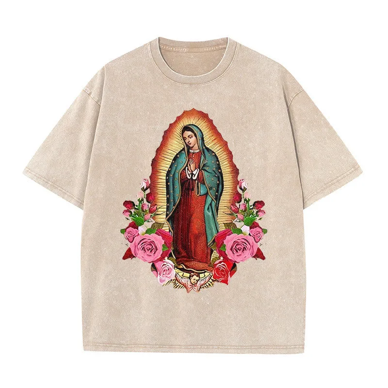 Christianartworkshop Vintage Our Lady of Guadalupe Floral Faith Unisex Washed T-Shirt sold by Christian Art Workshop