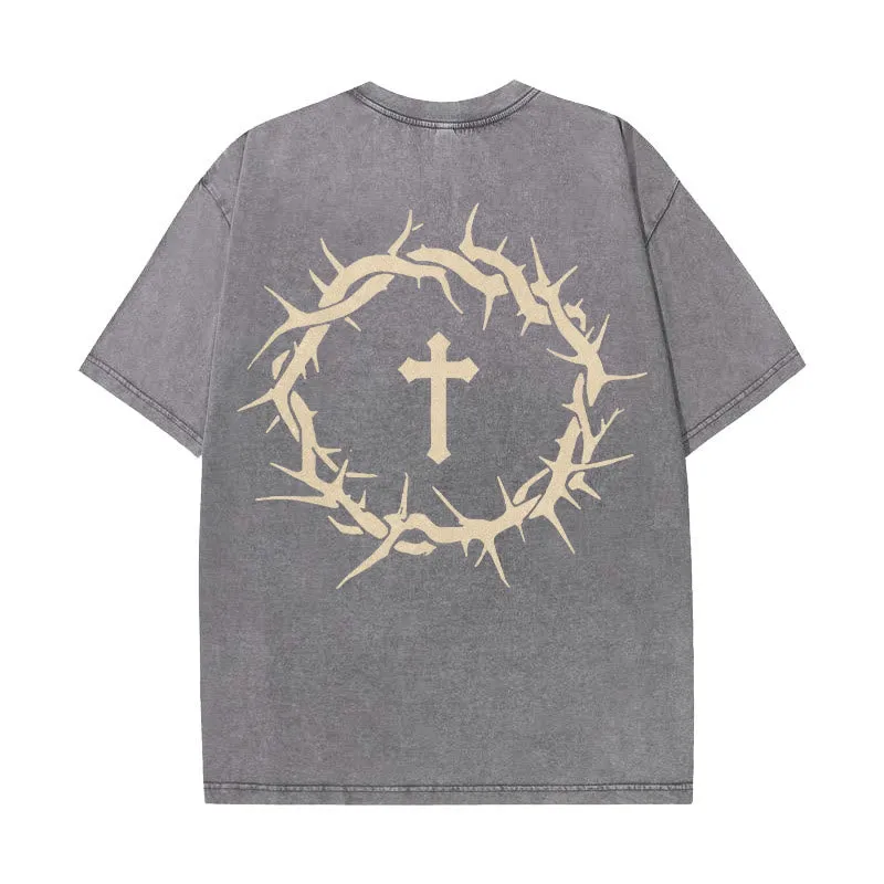 Christianartworkshop Faith Over Fear Thorn Cross Unisex Washed T-Shirt sold by Christian Art Workshop