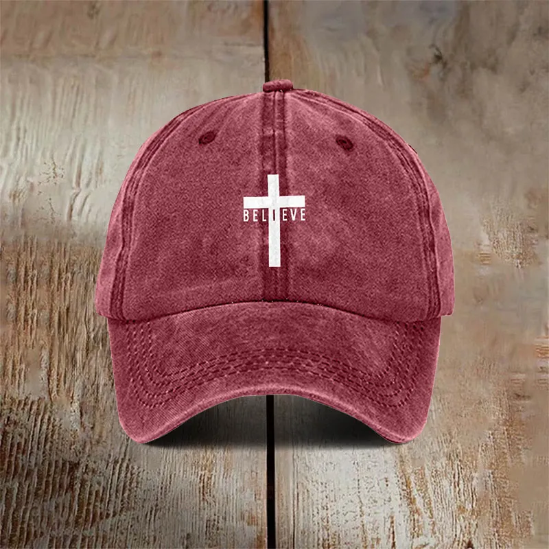 Christianartworkshop Minimalist Believe in Christ Cross Baseball Cap for Everyday Faith sold by Christian Art Workshop