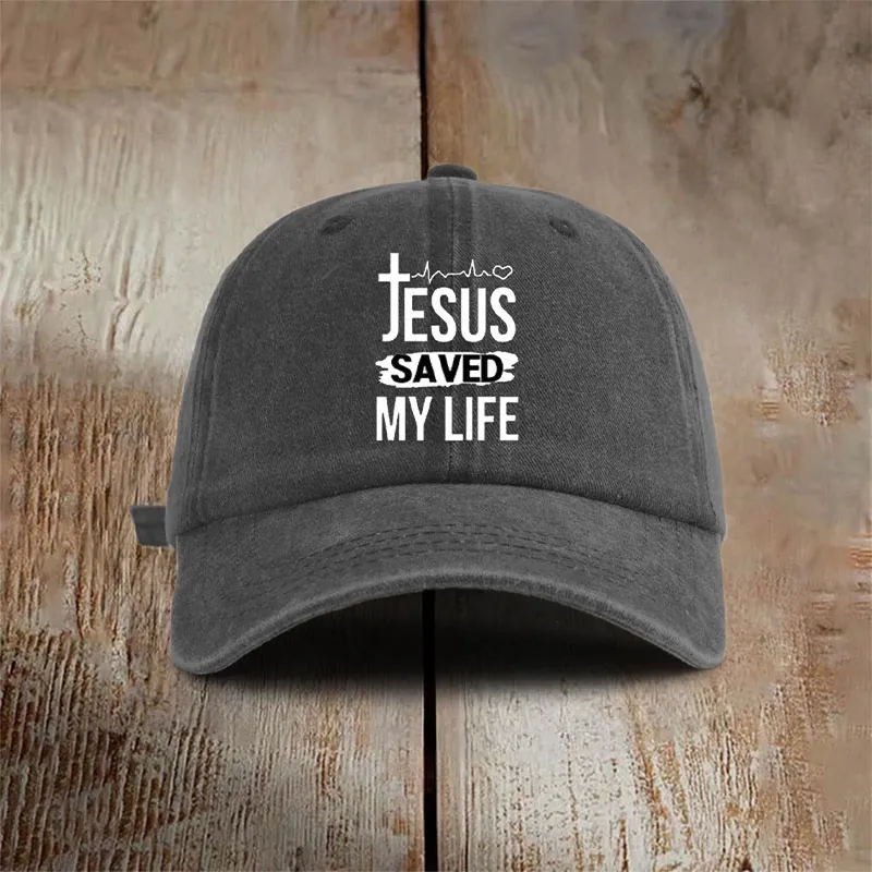 Christianartworkshop Vintage Jesus Saved My Life Unisex Distressed Washed Cotton Hat sold by Christian Art Workshop product image thumbnail 3