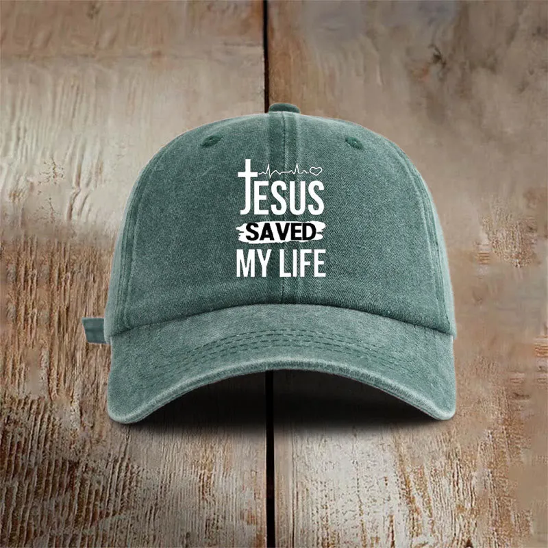 Christianartworkshop Vintage Jesus Saved My Life Unisex Distressed Washed Cotton Hat sold by Christian Art Workshop