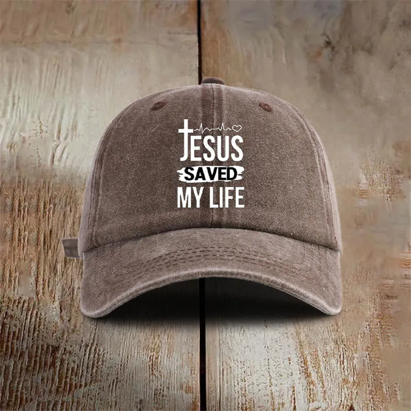 Christianartworkshop Vintage Jesus Saved My Life Unisex Distressed Washed Cotton Hat sold by Christian Art Workshop product image thumbnail 4