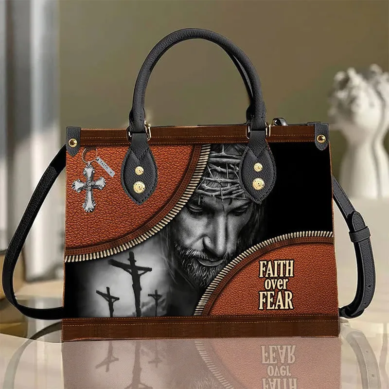 Christianartworkshop Faith Over Fear Jesus Themed Leather Handbag: Carry Courage and Christ with You sold by Christian Art Workshop