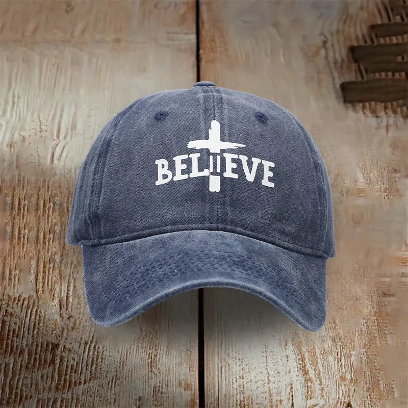 Christianartworkshop Believe in the Cross Baseball Cap: Faith Over Doubt sold by Christian Art Workshop