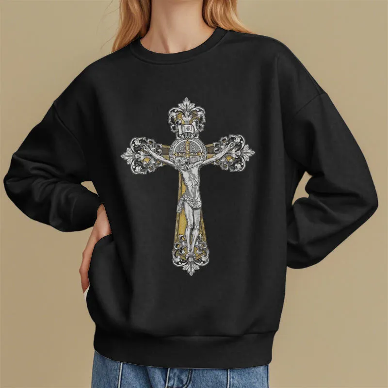 Christianartworkshop Classic Style St. Benedict Cruxifix Faith Fleece Lined Polyester Sweatshirt sold by Christian Art Workshop product image thumbnail 2