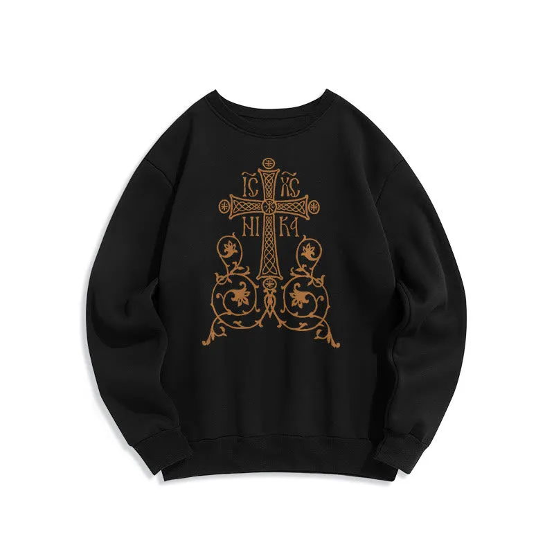 Christianartworkshop Classic Style Sacred Cross Emblem Floral Vines Fleece Lined Polyester Sweatshirt sold by Christian Art Workshop