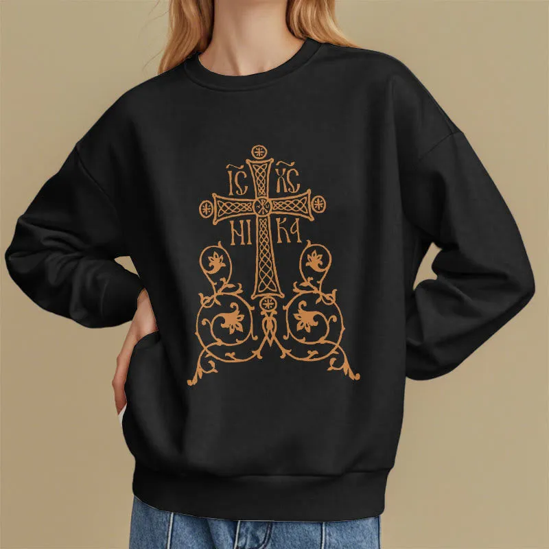 Christianartworkshop Classic Style Sacred Cross Emblem Floral Vines Fleece Lined Polyester Sweatshirt sold by Christian Art Workshop product image thumbnail 2