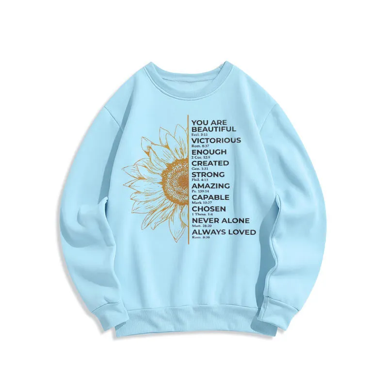 Christianartworkshop Quotation Style Sunflower Strength Positivity Fleece Lined Polyester Sweatshirt sold by Christian Art Workshop