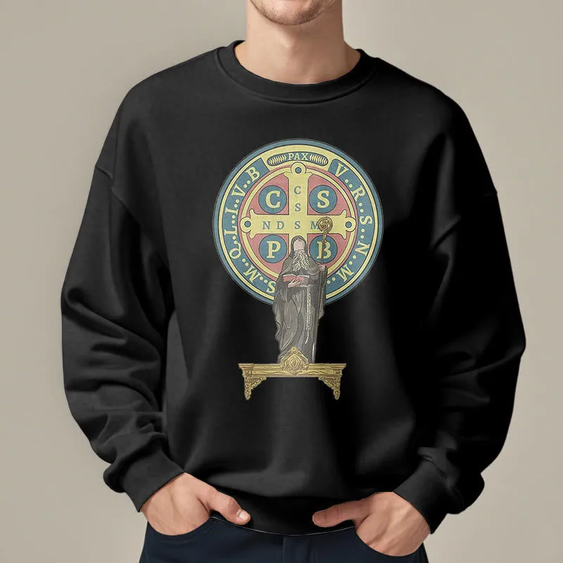 Christianartworkshop Classic Colored Style St. Benedict Medal Statue Fleece Lined Polyester Sweatshirt sold by Christian Art Workshop product image thumbnail 5