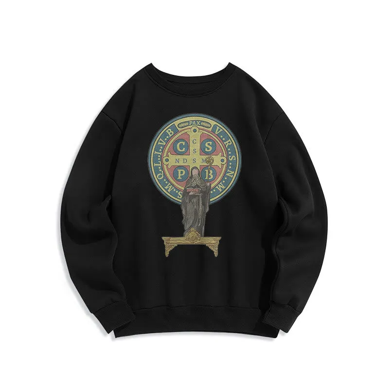 Christianartworkshop Classic Colored Style St. Benedict Medal Statue Fleece Lined Polyester Sweatshirt sold by Christian Art Workshop