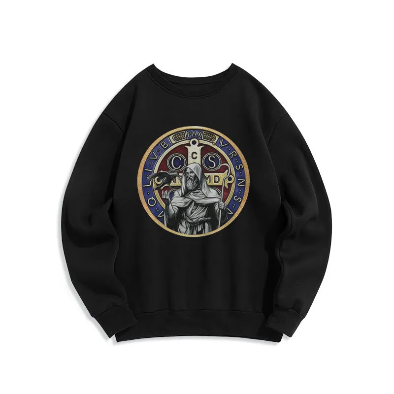 Christianartworkshop Classic Colored Style St. Benedict Figure Emblem Fleece Lined Polyester Sweatshirt sold by Christian Art Workshop