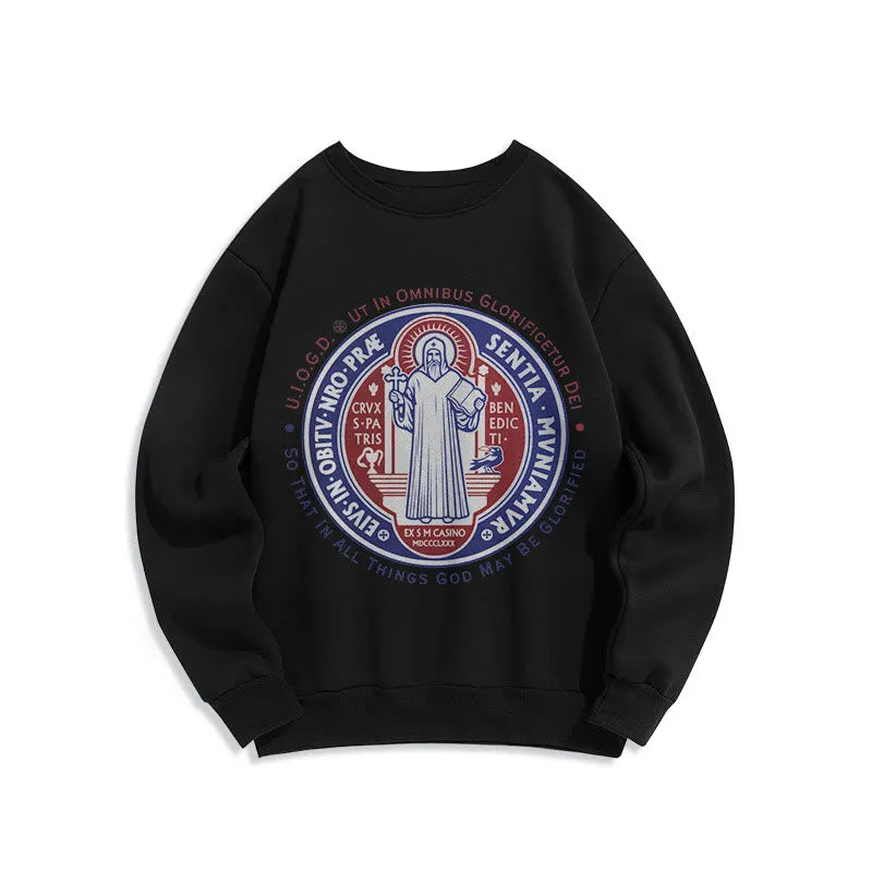 Christianartworkshop  Classic Colored Style St. Benedict Medal Emblem Fleece Lined Polyester Sweatshirt sold by Christian Art Workshop