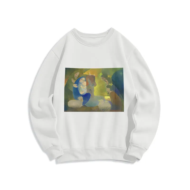 Christianartworkshop Classic Colored Style Nativity Scene Holy Night Fleece Lined Polyester Sweatshirt sold by Christian Art Workshop