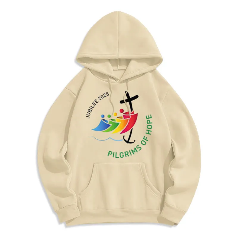 Christianartworkshop Colored Style Pilgrims of Hope Jubilee Fleece Lined Polyester Hoodie sold by Christian Art Workshop product image thumbnail 3