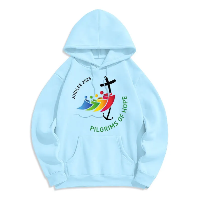 Christianartworkshop Colored Style Pilgrims of Hope Jubilee Fleece Lined Polyester Hoodie sold by Christian Art Workshop product image thumbnail 4