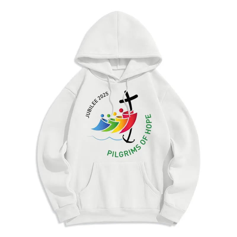 Christianartworkshop Colored Style Pilgrims of Hope Jubilee Fleece Lined Polyester Hoodie sold by Christian Art Workshop