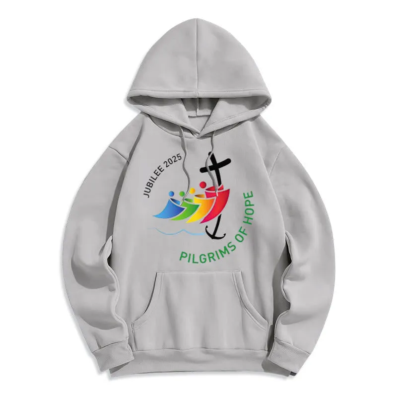 Christianartworkshop Colored Style Pilgrims of Hope Jubilee Fleece Lined Polyester Hoodie sold by Christian Art Workshop product image thumbnail 5