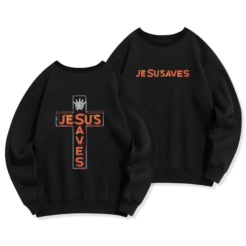 Christianartworkshop Jesus Saves Cross Graphic Faith Statement Fleece Lined Polyester Sweatshirt sold by Christian Art Workshop