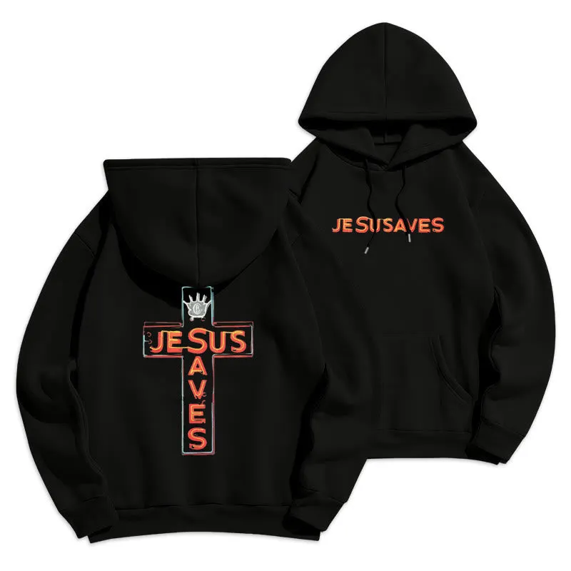 Christianartworkshop Jesus Saves Cross Graphic Faith Statement Fleece Lined Polyester Hoodie sold by Christian Art Workshop