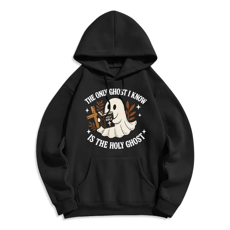 Christianartworkshop Ghost-Free Except the Holy One Fleece Lined Polyester Hoodie sold by Christian Art Workshop