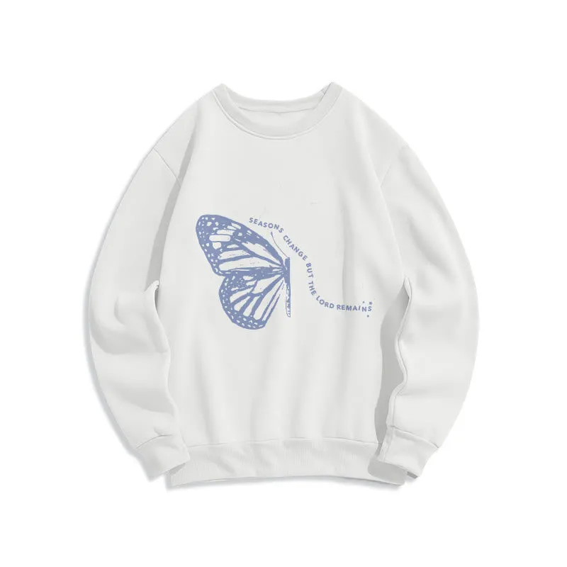 Christianartworkshop Seasons Change Lord Remains Butterfly Motif Fleece Lined Polyester Sweatshirt sold by Christian Art Workshop