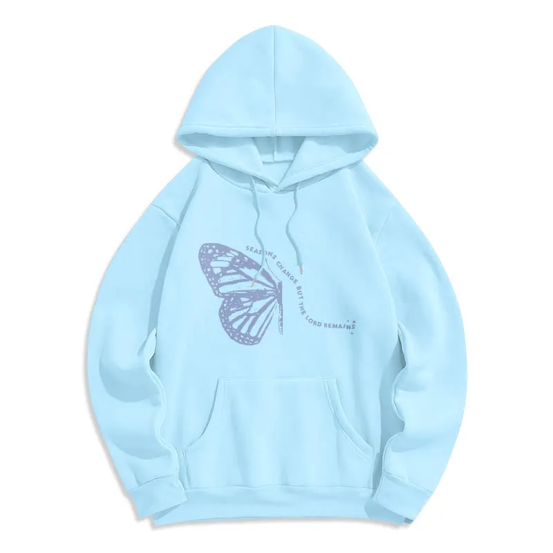 Christianartworkshop Seasons Change Lord Remains Butterfly Motif Fleece Lined Polyester Hoodie sold by Christian Art Workshop product image thumbnail 3