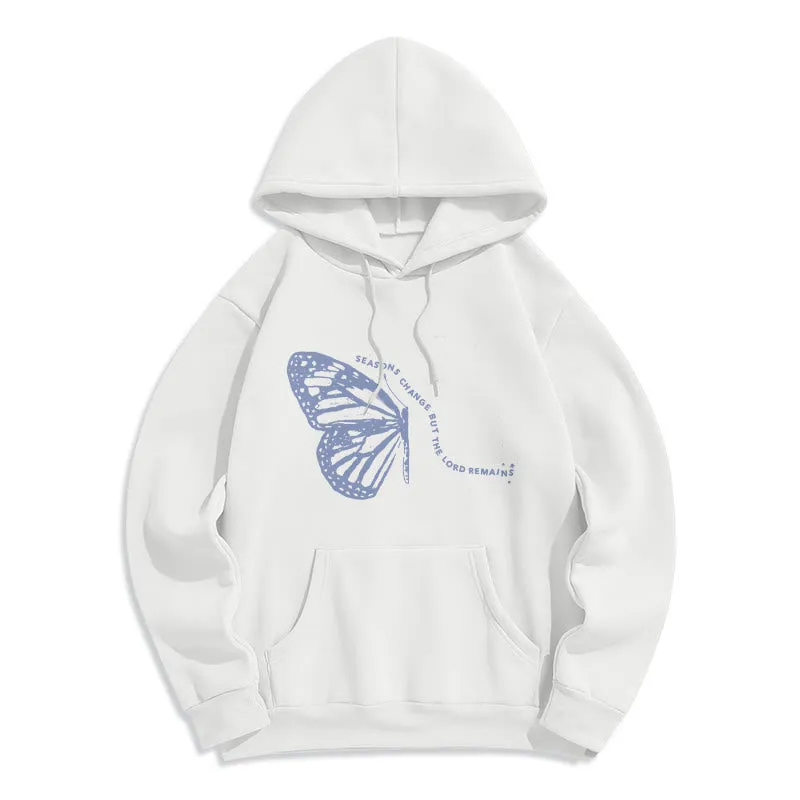 Christianartworkshop Seasons Change Lord Remains Butterfly Motif Fleece Lined Polyester Hoodie sold by Christian Art Workshop