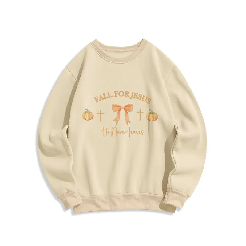 Christianartworkshop Fall For Jesus Pumpkin Cross & Bow Fleece Lined Polyester Sweatshirt sold by Christian Art Workshop product image thumbnail 3