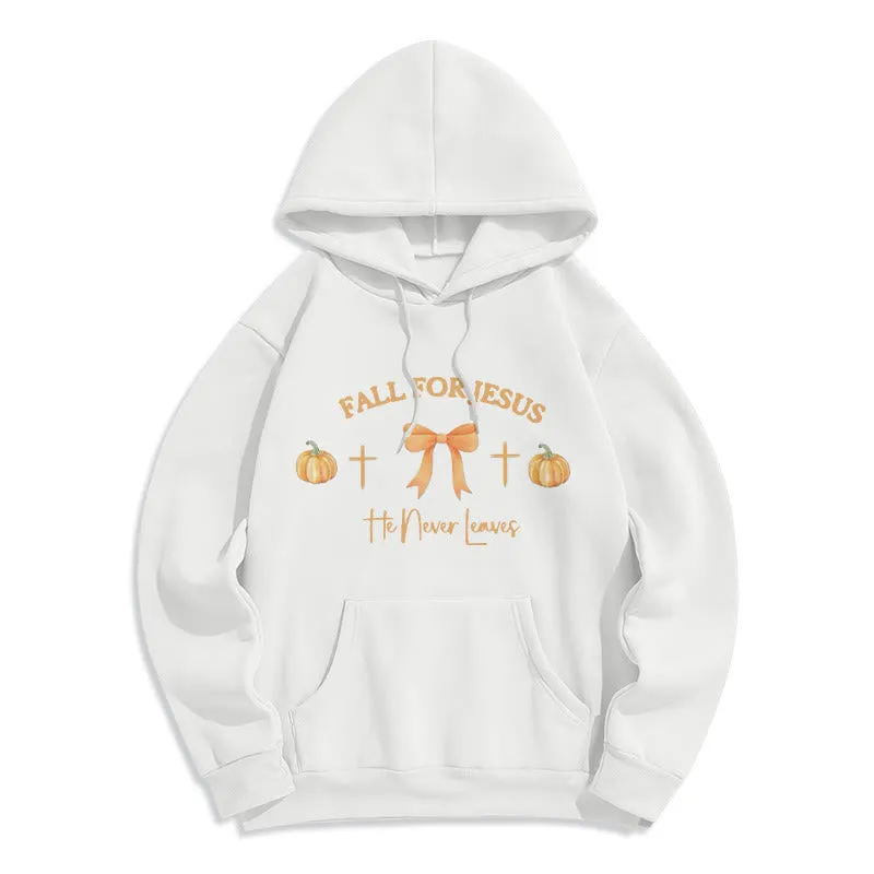 Christianartworkshop Fall For Jesus Pumpkin Cross & Bow Fleece Lined Polyester Hoodie sold by Christian Art Workshop product image thumbnail 3