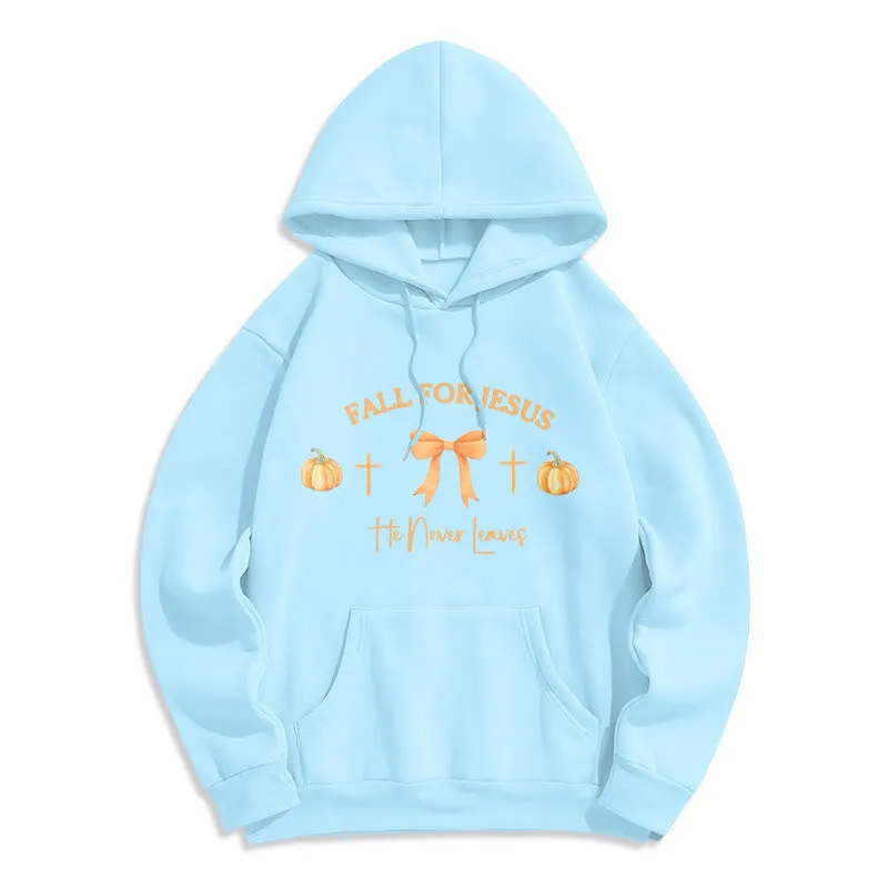 Christianartworkshop Fall For Jesus Pumpkin Cross & Bow Fleece Lined Polyester Hoodie sold by Christian Art Workshop product image thumbnail 4