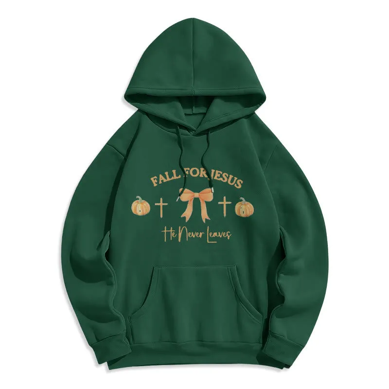 Christianartworkshop Fall For Jesus Pumpkin Cross & Bow Fleece Lined Polyester Hoodie sold by Christian Art Workshop
