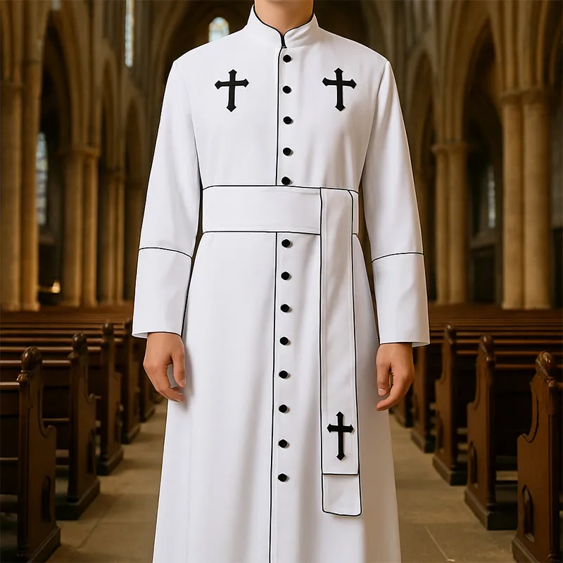 Christianartworkshop Ceremonial Black and White Stand Collar Clergy Robe with Belt & Cross Motifs sold by Christian Art Workshop