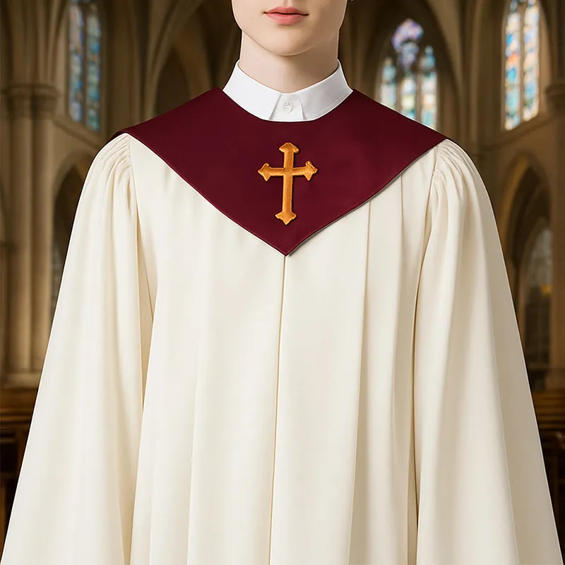 Christianartworkshop Ceremonial Clergy Robe with Wine Red Stole & Embroidered Cross sold by Christian Art Workshop