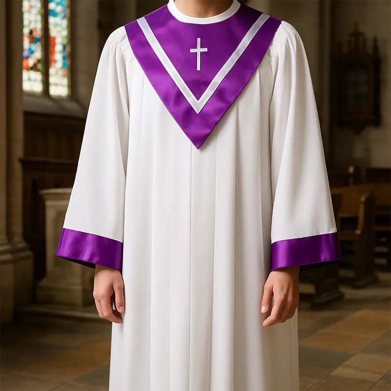 Christianartworkshop Classic White Clergy Robe with Contrast V-Neck & Cross Detailing sold by Christian Art Workshop