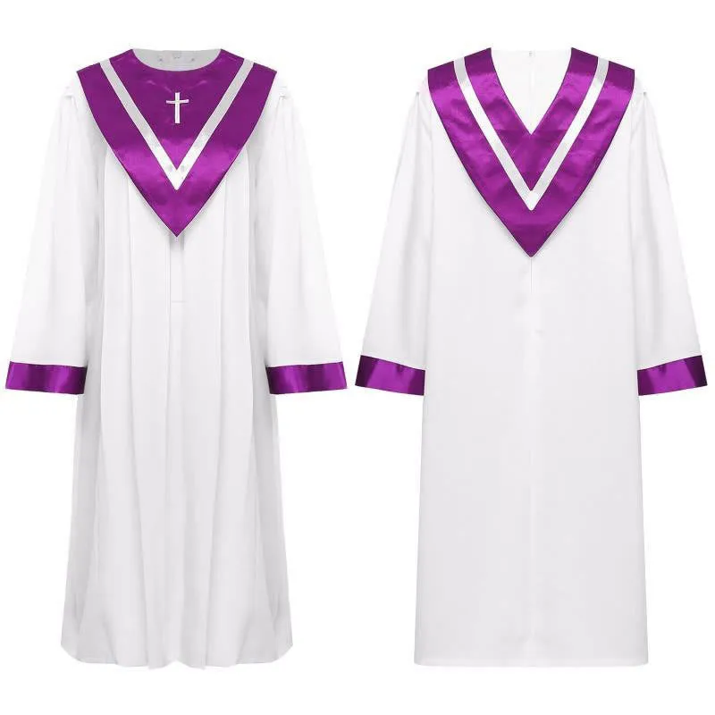 Christianartworkshop Classic White Clergy Robe with Contrast V-Neck & Cross Detailing sold by Christian Art Workshop product image thumbnail 3