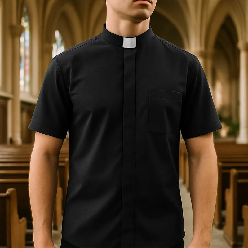 Christianartworkshop Modern Unisex Clergy Shirt with White Tab Collar: Elegant Black Faithwear sold by Christian Art Workshop