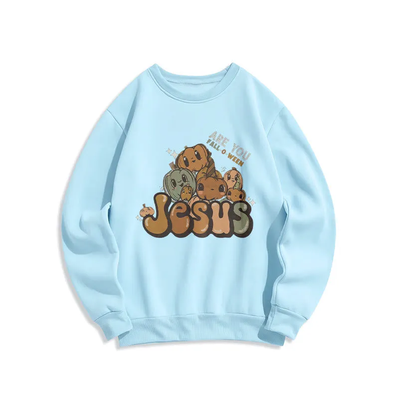 Christianartworkshop Whimsical Pumpkin Design with "Jesus" Print Halloween Fleece Lined Polyester Sweatshirt sold by Christian Art Workshop product image thumbnail 5