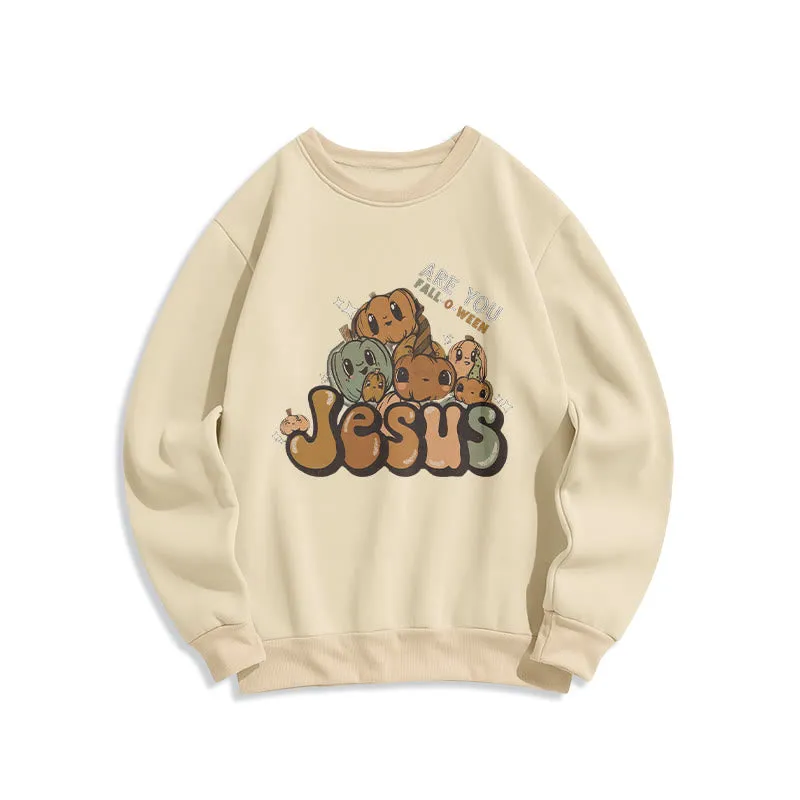 Christianartworkshop Whimsical Pumpkin Design with "Jesus" Print Halloween Fleece Lined Polyester Sweatshirt sold by Christian Art Workshop product image thumbnail 3