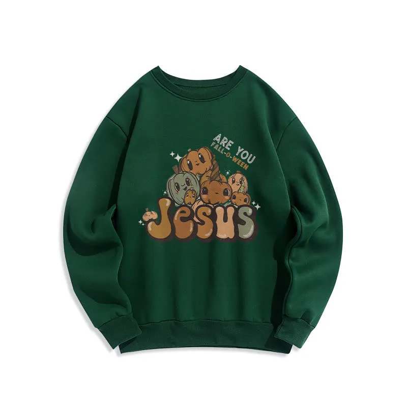 Christianartworkshop Whimsical Pumpkin Design with "Jesus" Print Halloween Fleece Lined Polyester Sweatshirt sold by Christian Art Workshop product image thumbnail 4