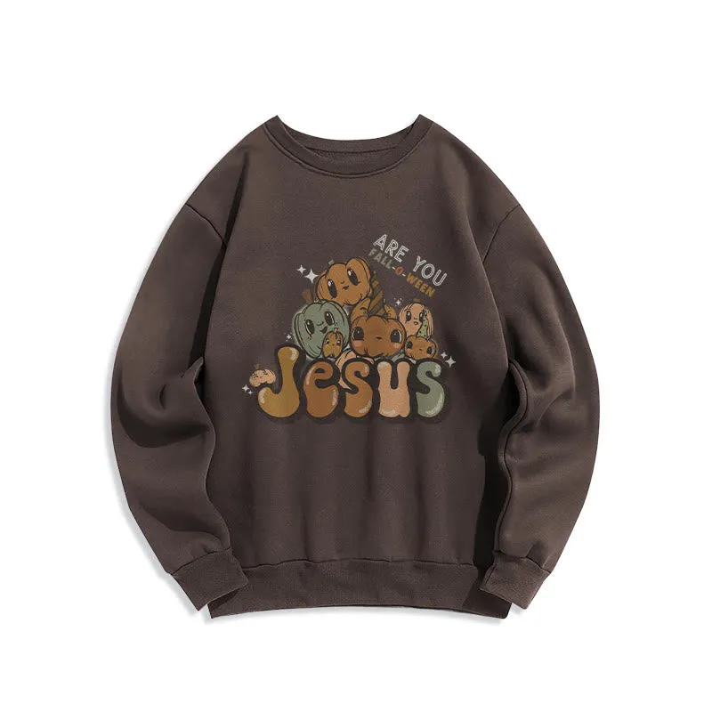 Christianartworkshop Whimsical Pumpkin Design with "Jesus" Print Halloween Fleece Lined Polyester Sweatshirt sold by Christian Art Workshop